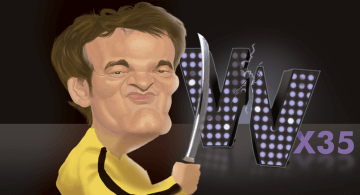 Quentin Tarantino dressed as 'kill bill' cutting wagering requirement sign on half with katana sword