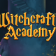 Witchcraft Academy written in yellow romanic style font in front of foggy blue castle enterance