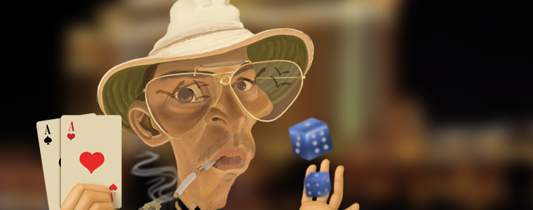 Man with hat and glasses smoking cigar and throwing dices on Vegas Strip