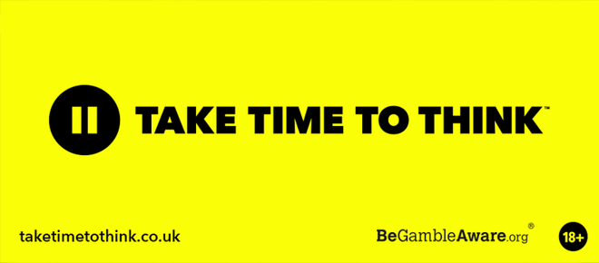 Take Time To Think Logo With Stop Button On Yellow Background